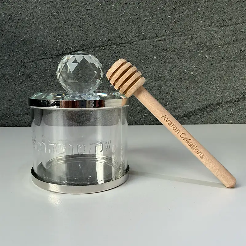 Pot de miel en cristal et socle argente